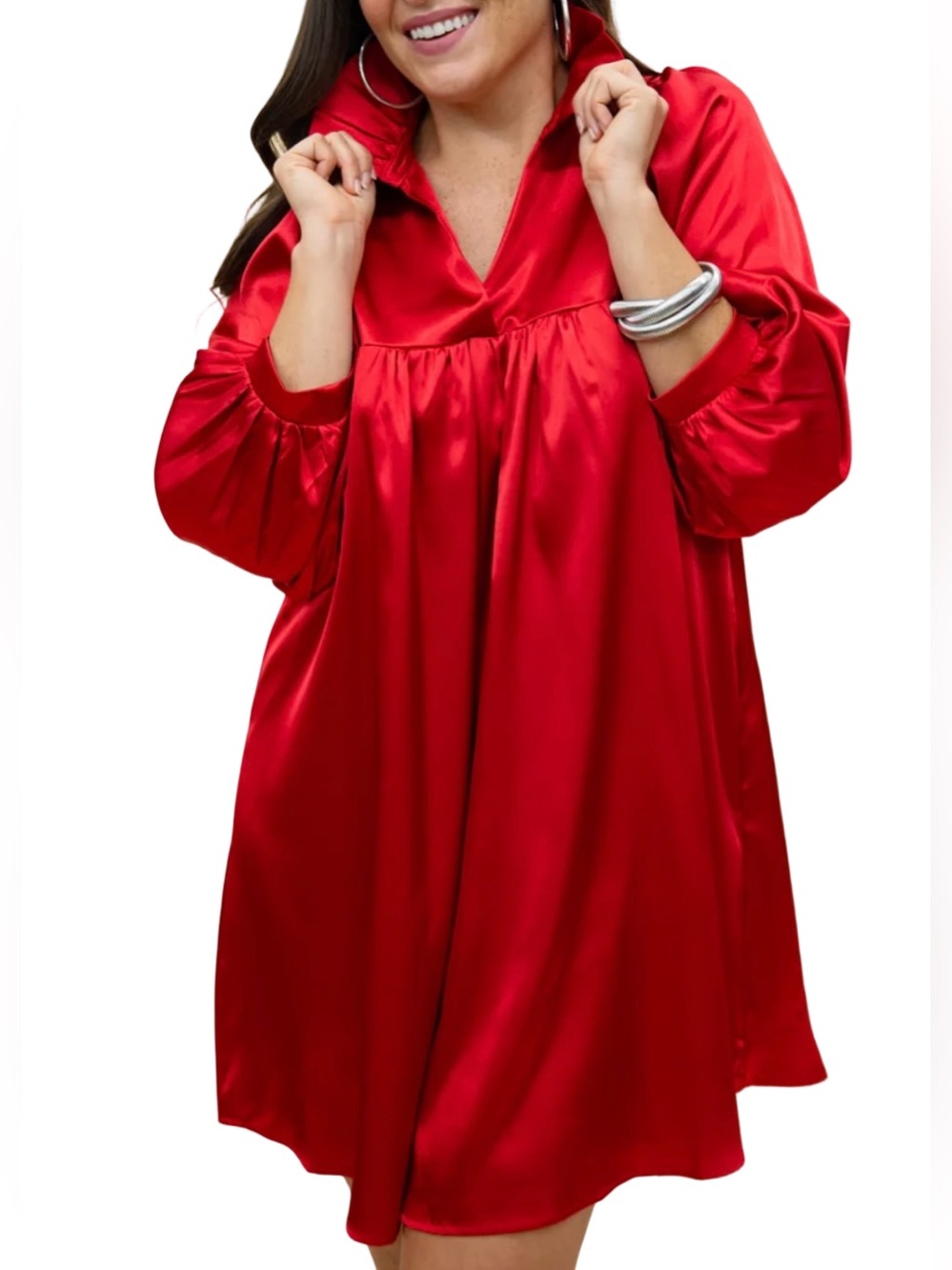 Adrienne Red Satin Ruffle Collar Balloon Sleeve V-Neck Babydoll Dress